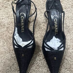Chanel Classic  Black Slingback Shoes With Gold Chanel logo Size 36 1/2